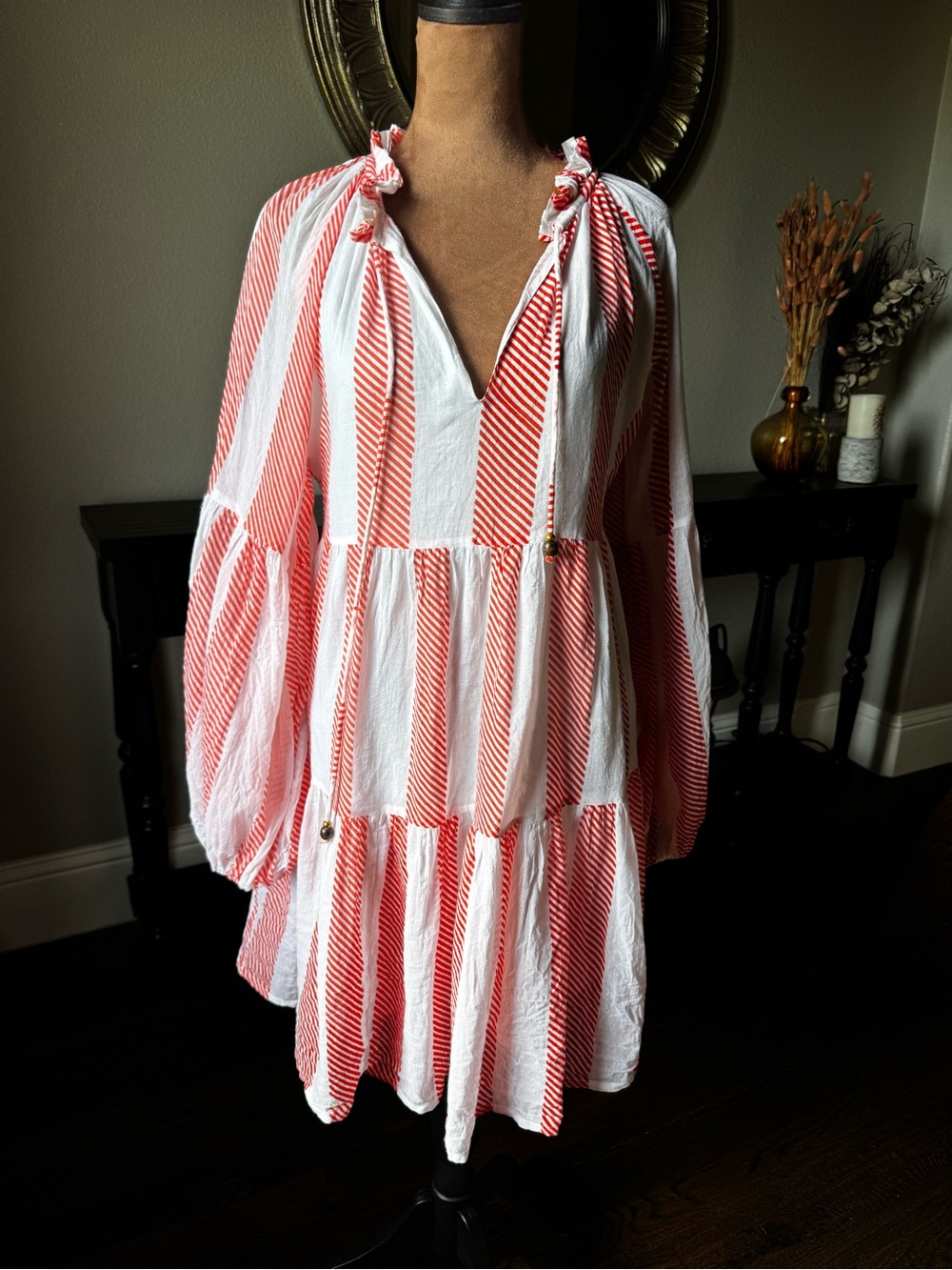 OLIPHANT Whistler Coral White Striped Balloon Sleeve Mini Dress Medium